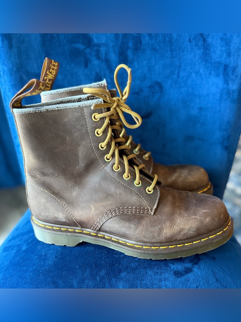 Dr. Martens Brown Leather Lace-Up Work Boots with Yellow Stitching
